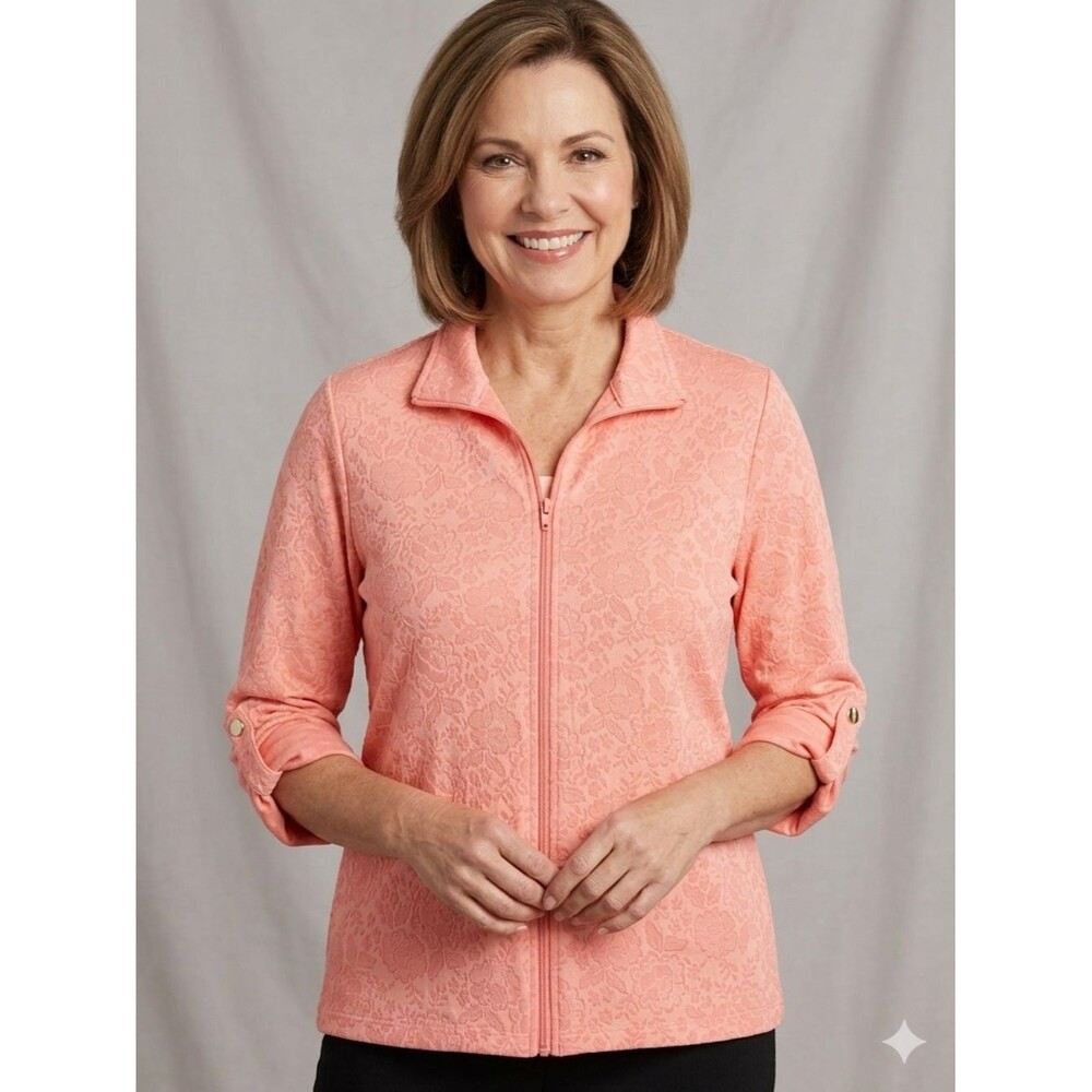 Laurel Grey Pink Floral Jacquard Zip Up Jacket Roll Tab Sleeves Size L